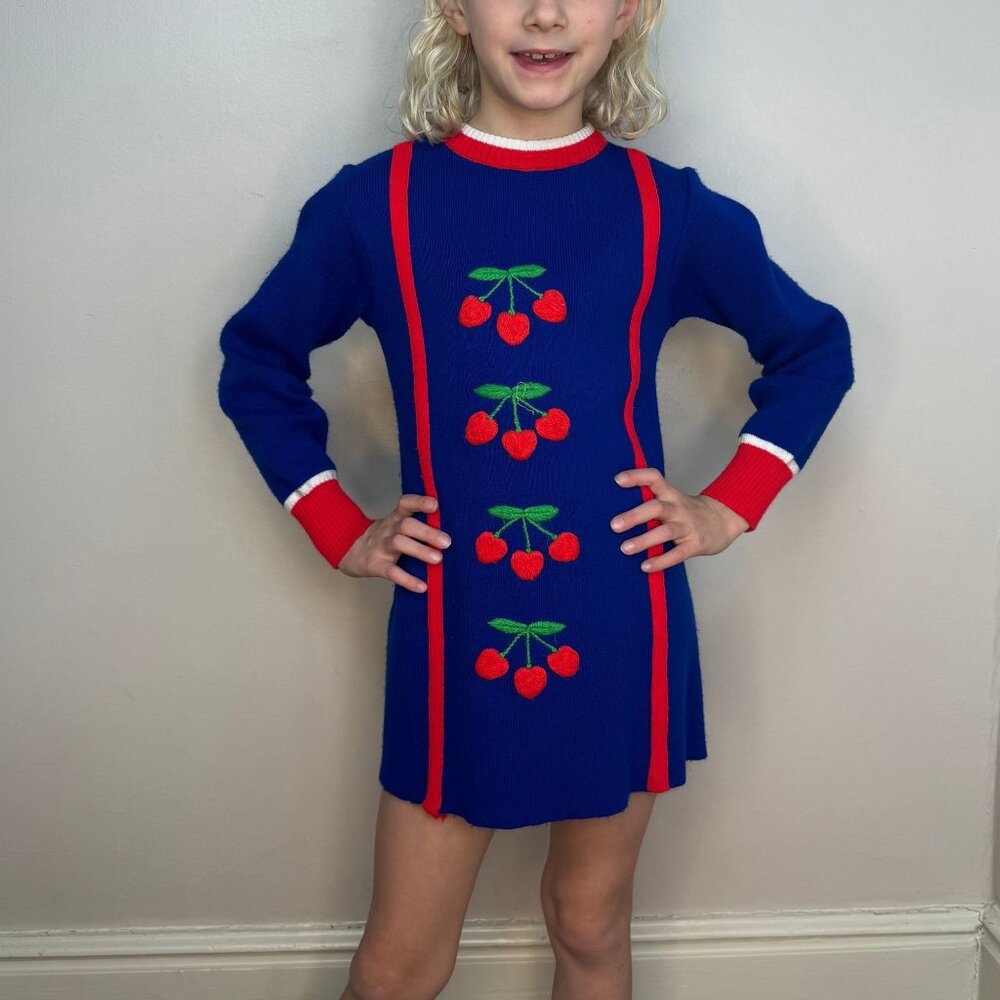 Vintage 1970s Girl's Blue Knit Dress with Embroidered Cherries, Sears Size 6